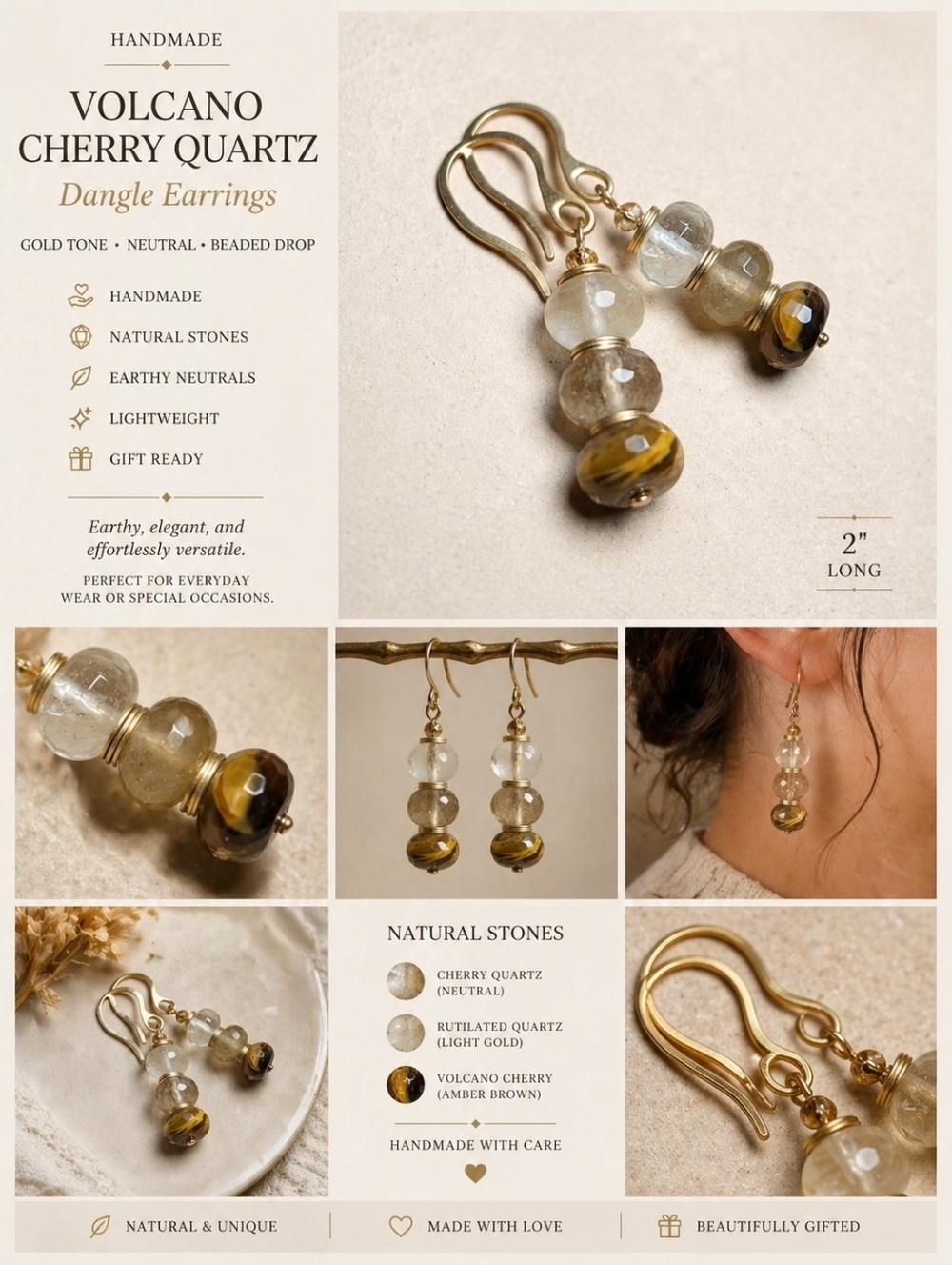 Handmade Volcano Cherry Quartz Dangle Earrings Gold Tone Neutral Beaded Drop